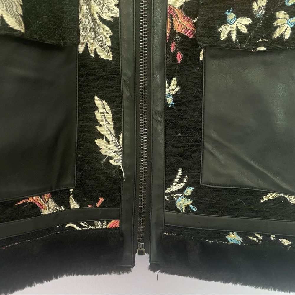 Bagatelle Black Floral Embroidered Jacket Faux Fur & Leather Trim - Picture 12 of 12